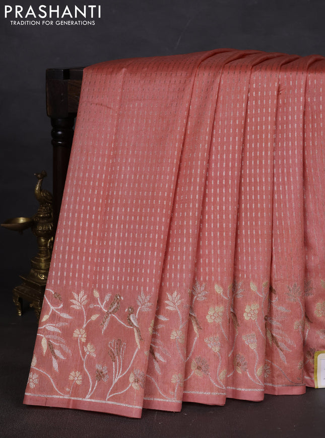 Art tussar saree peach orange with allover zari woven butta weaves and jamdhani style border