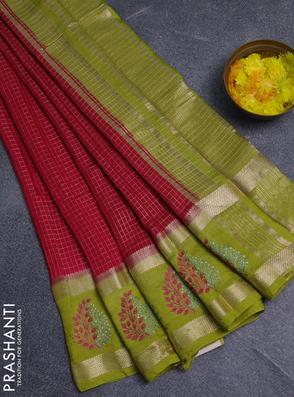 Semi chanderi saree pink and light green with allover zari woven checked pattern and embroidery zari border