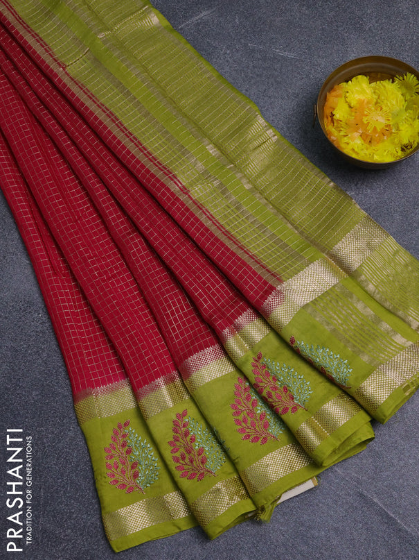Semi chanderi saree pink and light green with allover zari woven checked pattern and embroidery zari border