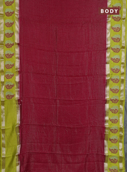 Semi chanderi saree pink and light green with allover zari woven checked pattern and embroidery zari border