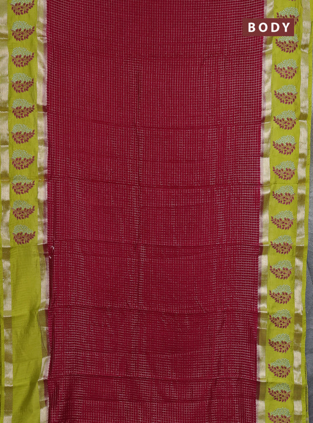 Semi chanderi saree pink and light green with allover zari woven checked pattern and embroidery zari border