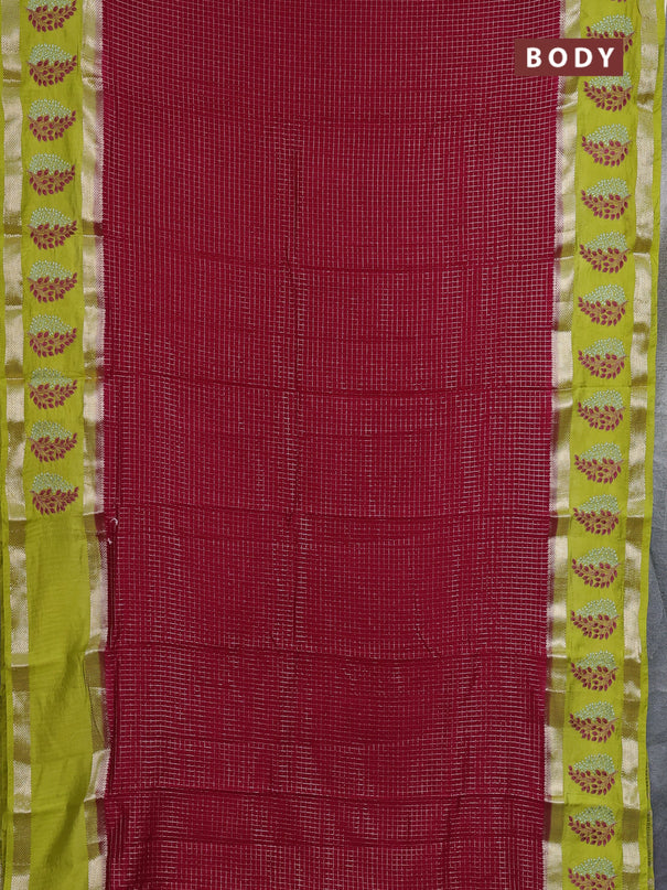 Semi chanderi saree pink and light green with allover zari woven checked pattern and embroidery zari border
