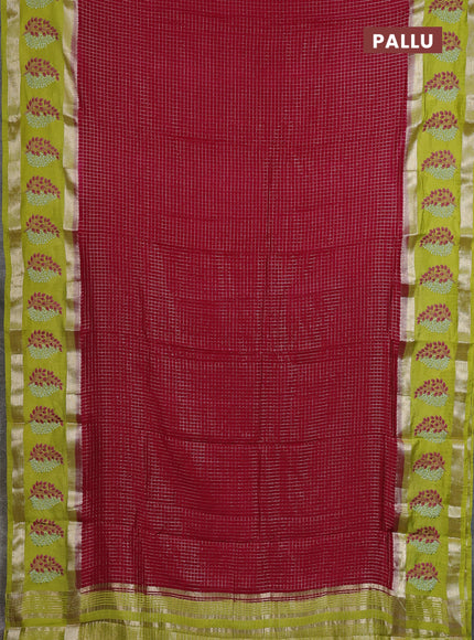 Semi chanderi saree pink and light green with allover zari woven checked pattern and embroidery zari border