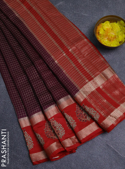 Semi chanderi saree wine shade and red with allover zari woven checked pattern and embroidery zari border