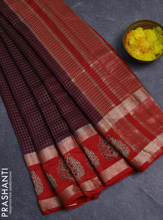 Semi chanderi saree wine shade and red with allover zari woven checked pattern and embroidery zari border