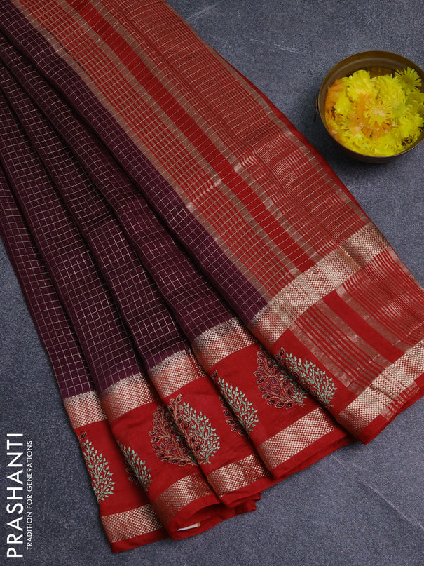 Semi chanderi saree wine shade and red with allover zari woven checked pattern and embroidery zari border