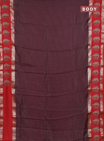 Semi chanderi saree wine shade and red with allover zari woven checked pattern and embroidery zari border