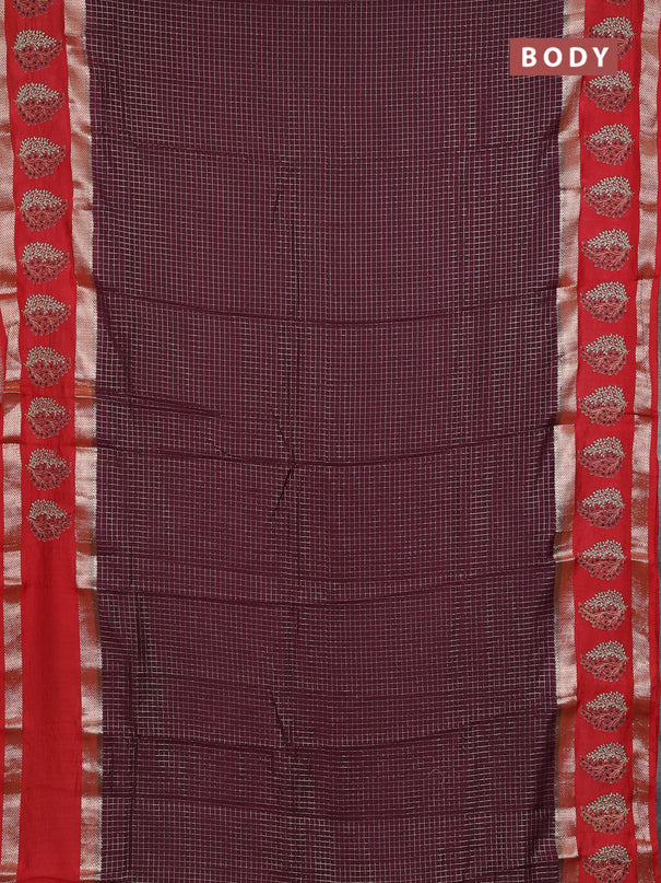 Semi chanderi saree wine shade and red with allover zari woven checked pattern and embroidery zari border