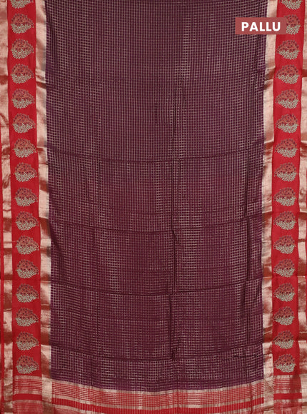 Semi chanderi saree wine shade and red with allover zari woven checked pattern and embroidery zari border