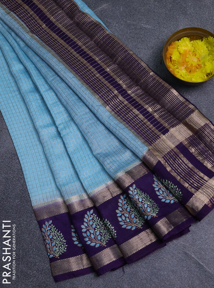 Semi chanderi saree light blue and violet with allover zari woven checked pattern and embroidery zari border
