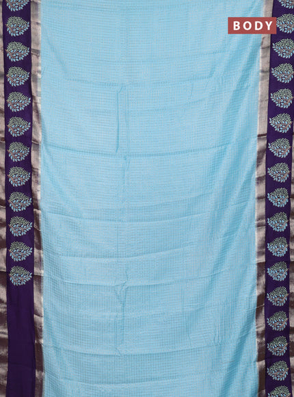 Semi chanderi saree light blue and violet with allover zari woven checked pattern and embroidery zari border