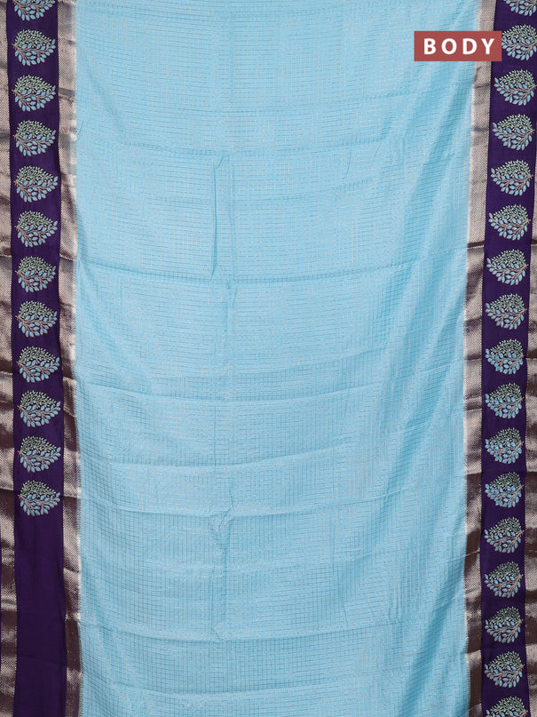 Semi chanderi saree light blue and violet with allover zari woven checked pattern and embroidery zari border