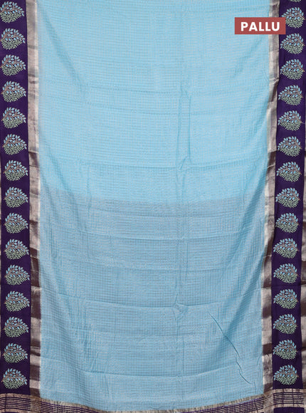 Semi chanderi saree light blue and violet with allover zari woven checked pattern and embroidery zari border
