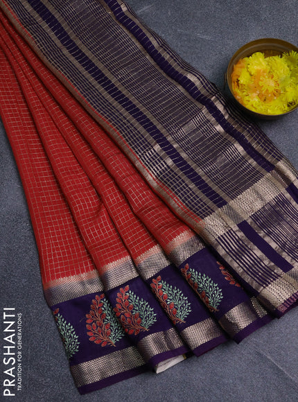 Semi chanderi saree red and violet with allover zari woven checked pattern and embroidery zari border