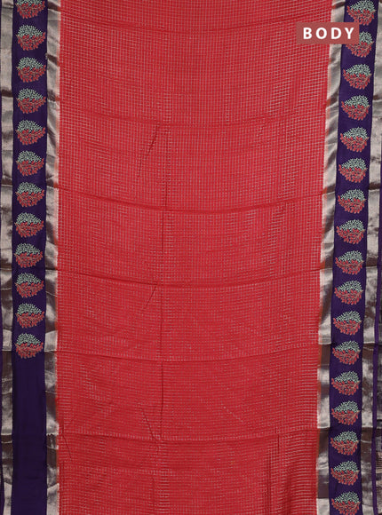 Semi chanderi saree red and violet with allover zari woven checked pattern and embroidery zari border