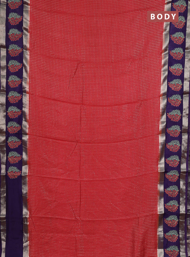 Semi chanderi saree red and violet with allover zari woven checked pattern and embroidery zari border