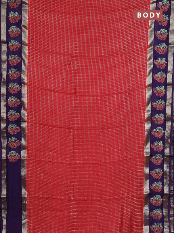 Semi chanderi saree red and violet with allover zari woven checked pattern and embroidery zari border