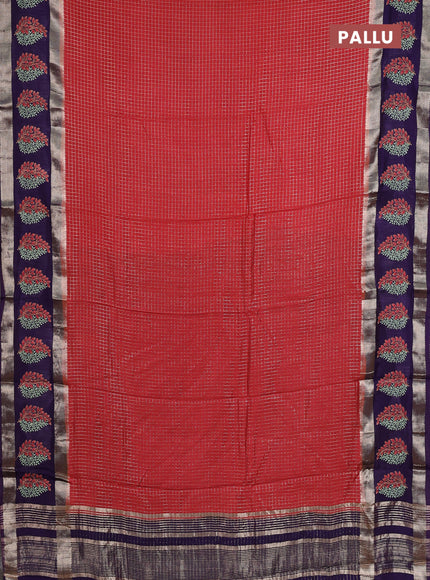 Semi chanderi saree red and violet with allover zari woven checked pattern and embroidery zari border