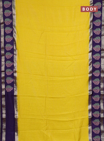 Semi chanderi saree yellow and violet with allover zari woven checked pattern and embroidery zari border