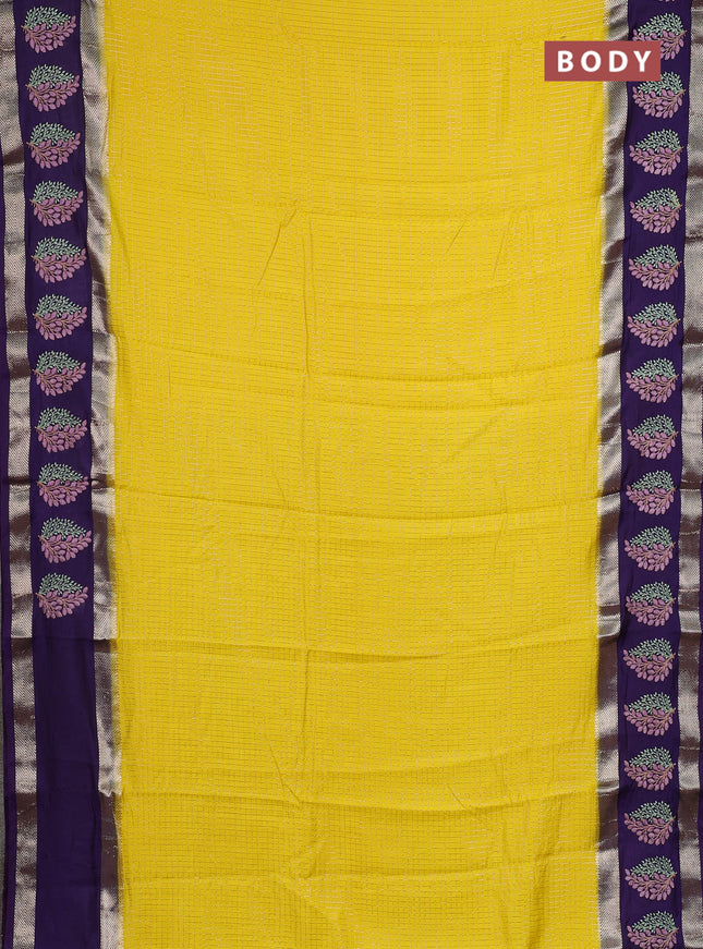 Semi chanderi saree yellow and violet with allover zari woven checked pattern and embroidery zari border
