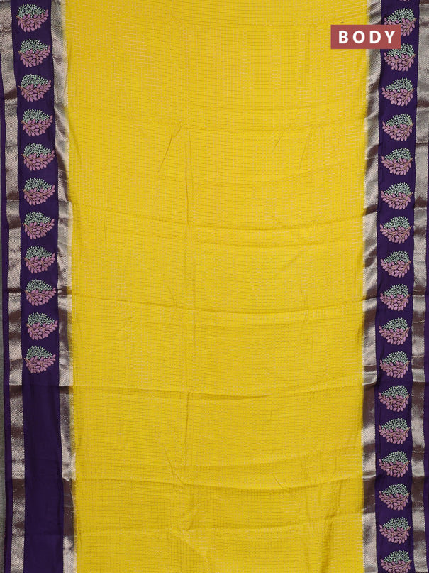 Semi chanderi saree yellow and violet with allover zari woven checked pattern and embroidery zari border