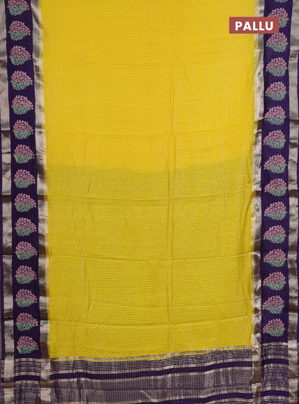 Semi chanderi saree yellow and violet with allover zari woven checked pattern and embroidery zari border
