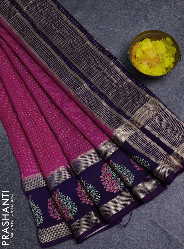 Semi chanderi saree pink and violet with allover zari woven checked pattern and embroidery zari border