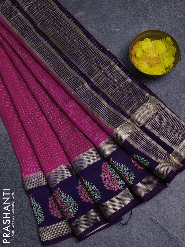 Semi chanderi saree pink and violet with allover zari woven checked pattern and embroidery zari border