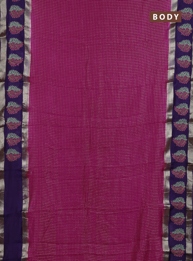 Semi chanderi saree pink and violet with allover zari woven checked pattern and embroidery zari border