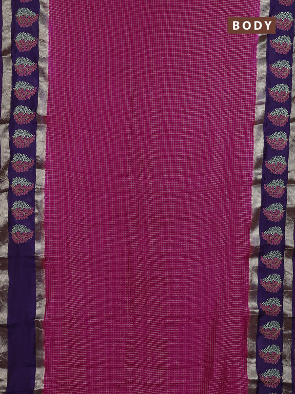 Semi chanderi saree pink and violet with allover zari woven checked pattern and embroidery zari border