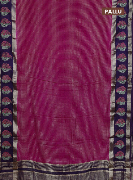Semi chanderi saree pink and violet with allover zari woven checked pattern and embroidery zari border