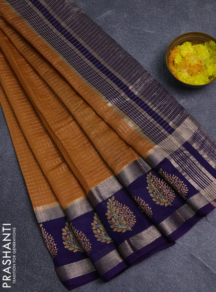 Semi chanderi saree dark mustard and violet with allover zari woven checked pattern and embroidery zari border