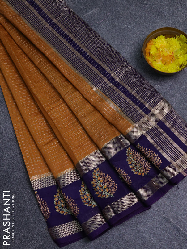 Semi chanderi saree dark mustard and violet with allover zari woven checked pattern and embroidery zari border