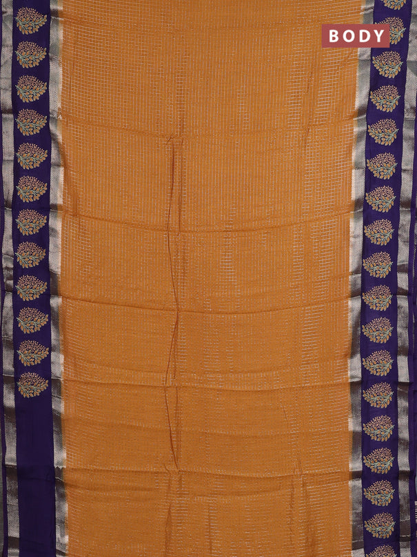 Semi chanderi saree dark mustard and violet with allover zari woven checked pattern and embroidery zari border