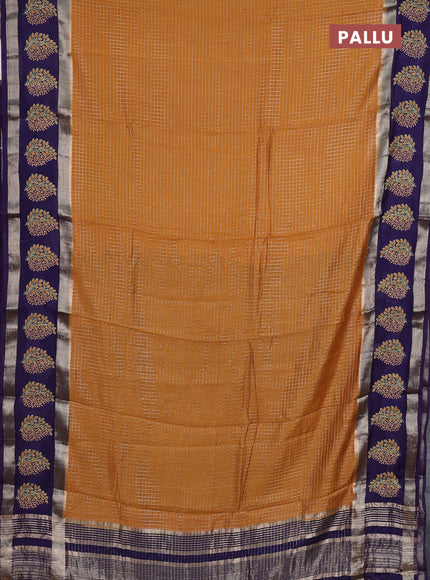 Semi chanderi saree dark mustard and violet with allover zari woven checked pattern and embroidery zari border