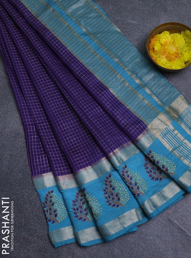 Semi chanderi saree violet and teal blue with allover zari woven checked pattern and embroidery zari border