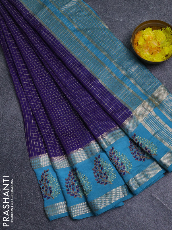Semi chanderi saree violet and teal blue with allover zari woven checked pattern and embroidery zari border