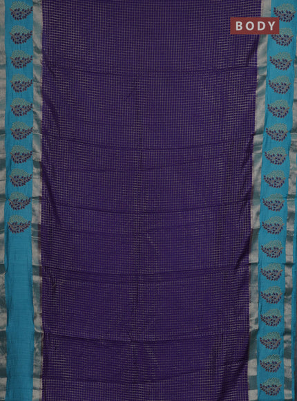 Semi chanderi saree violet and teal blue with allover zari woven checked pattern and embroidery zari border