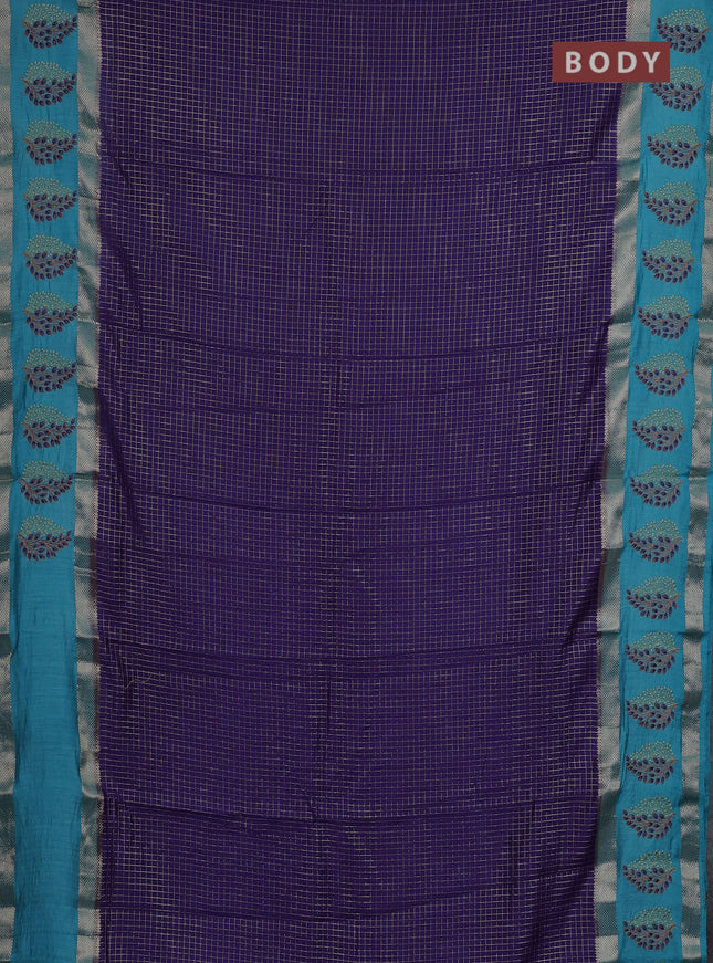 Semi chanderi saree violet and teal blue with allover zari woven checked pattern and embroidery zari border