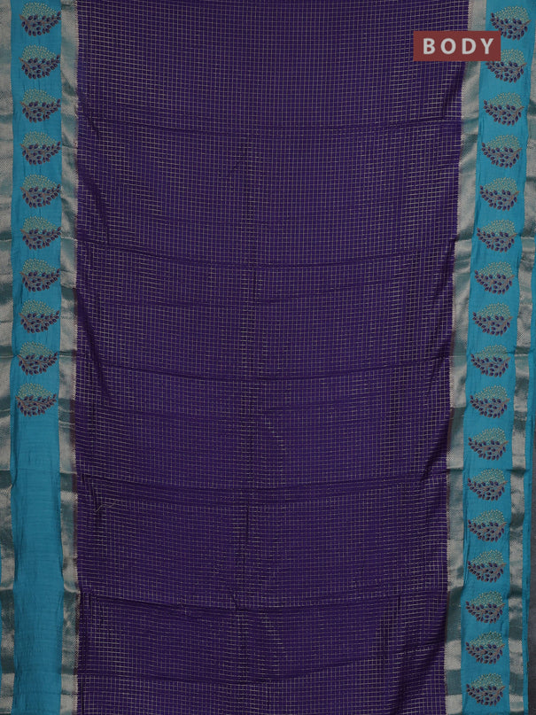 Semi chanderi saree violet and teal blue with allover zari woven checked pattern and embroidery zari border