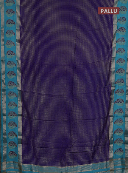 Semi chanderi saree violet and teal blue with allover zari woven checked pattern and embroidery zari border