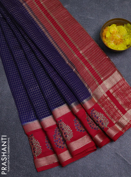 Semi chanderi saree dark blue and pink with allover zari woven checked pattern and embroidery zari border