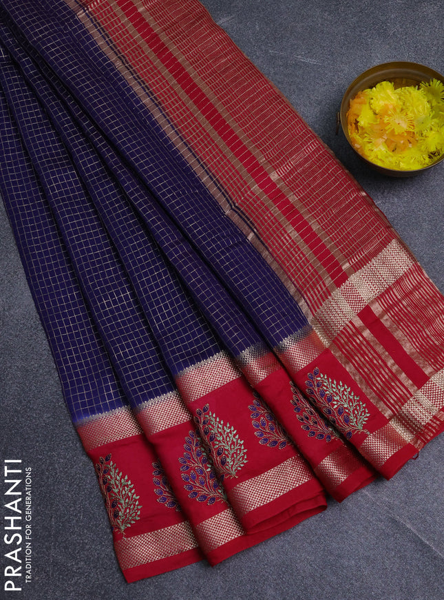 Semi chanderi saree dark blue and pink with allover zari woven checked pattern and embroidery zari border