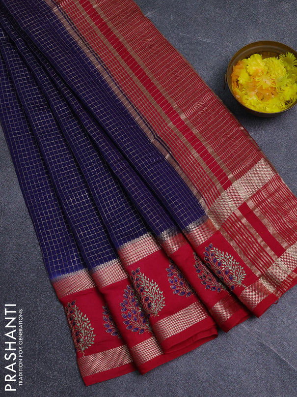 Semi chanderi saree dark blue and pink with allover zari woven checked pattern and embroidery zari border