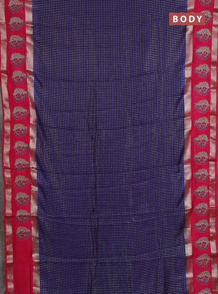 Semi chanderi saree dark blue and pink with allover zari woven checked pattern and embroidery zari border