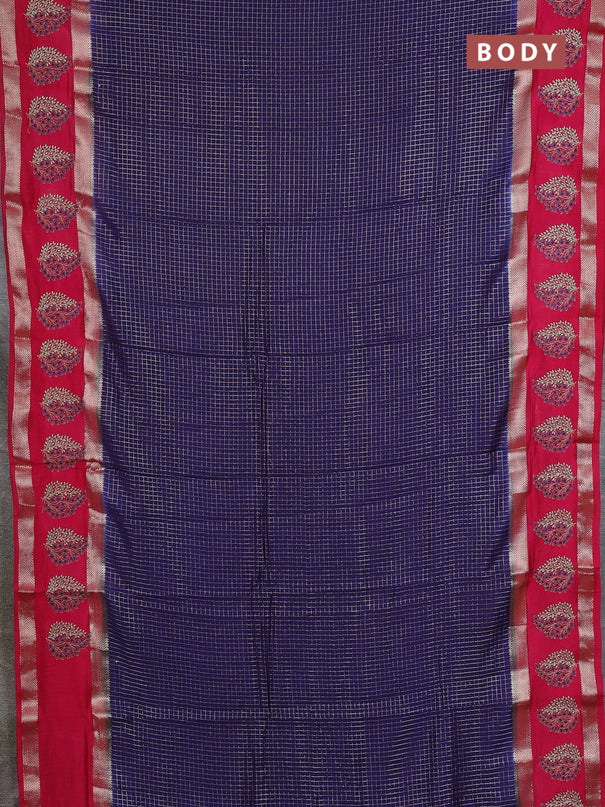Semi chanderi saree dark blue and pink with allover zari woven checked pattern and embroidery zari border