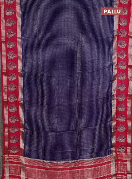 Semi chanderi saree dark blue and pink with allover zari woven checked pattern and embroidery zari border