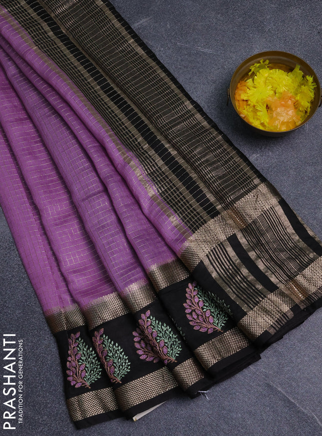 Semi chanderi saree lavender and deep coffee brown with allover zari woven checked pattern and embroidery zari border
