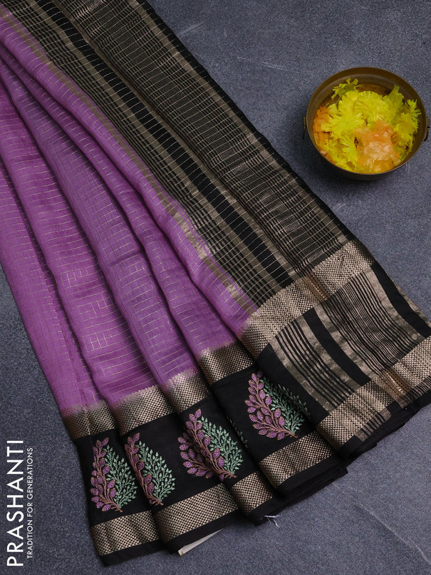 Semi chanderi saree lavender and deep coffee brown with allover zari woven checked pattern and embroidery zari border