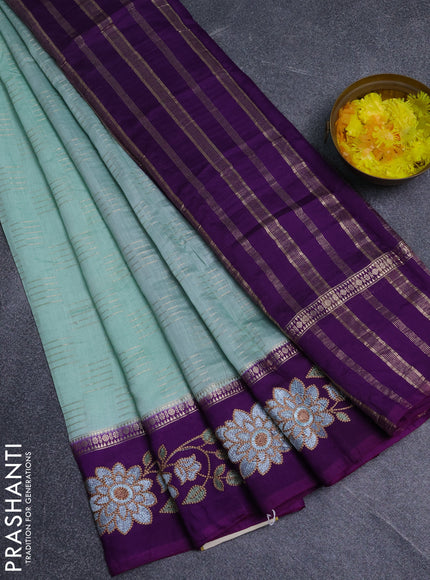 Semi chanderi saree pastel green and violet with allover zari weaves and embroidery border